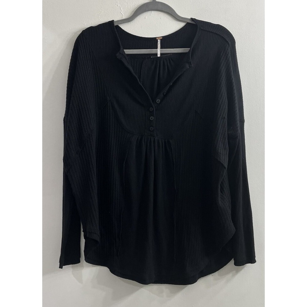Free People Womens XS Black Henley Thermal Top Ribbed Oversized Boho Grunge